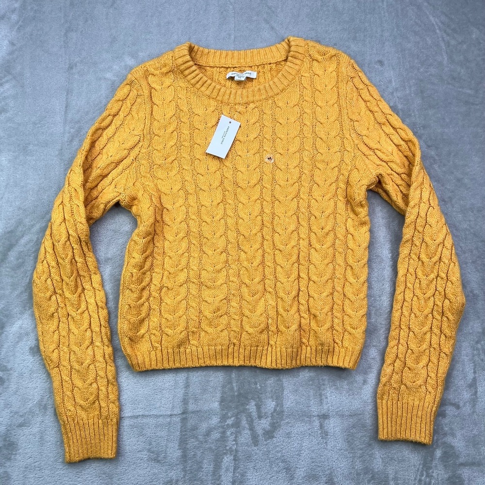 American Eagle AE Fisherman Crew Neck Sweater‎ Womens Medium Yellow Cable Knit - Picture 2 of 10